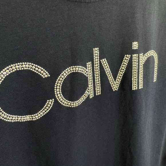 Calvin Klein Navy Blue Rhinestone Logo Buckle Short Sleeve Cotton Blend Tee Sz L - Picture 2 of 6